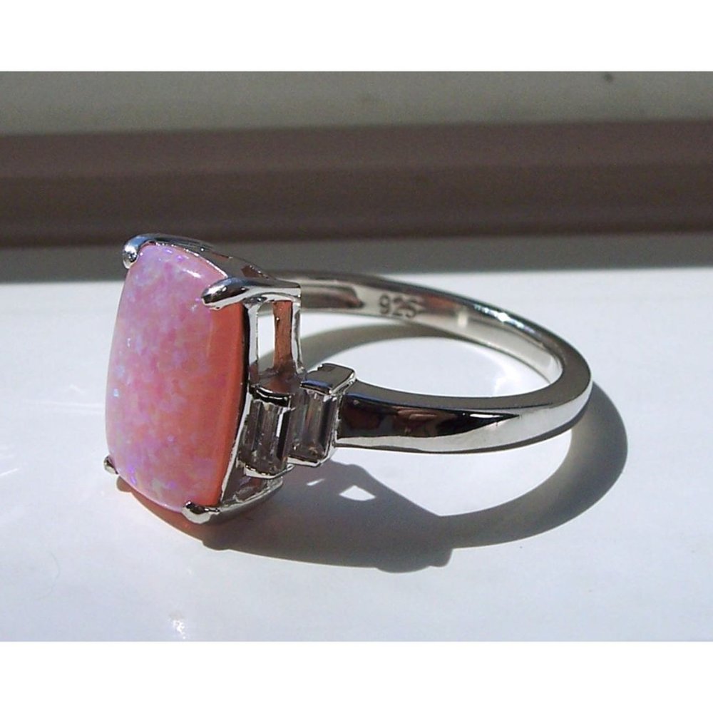 925 STERLING SILVER Lab Created Pink Fire Opal Cubic Zirconia Ring - Picture 13 of 16
